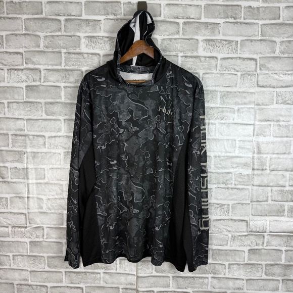 HUK Fishing Black & Gray Camo Lightweight Hooded Pullover Mens 2XL Poly Stretch - Picture 1 of 8